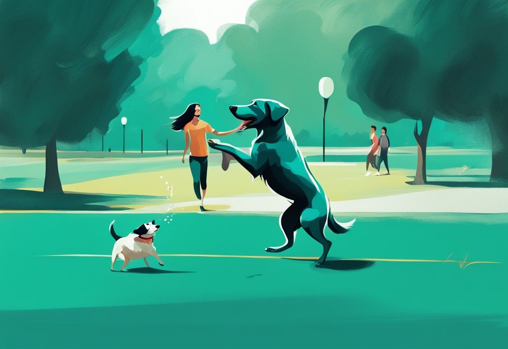 Moderner digitaler Gemäldeillustration: Lebhafter Hund spielt im Park mit seinem Besitzer, beide energetisch und glücklich, Hauptfarbe Teal