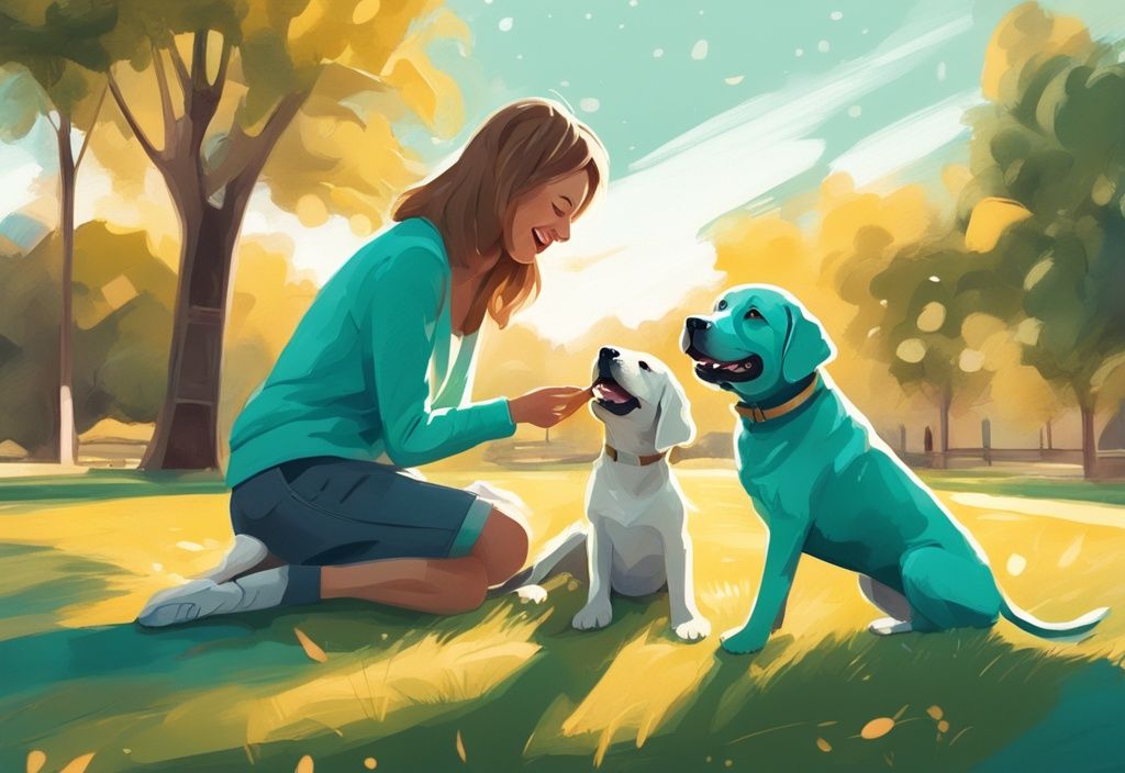 Verspielter Labrador Retriever Welpe interagiert mit lachender Familie im sonnenbeschienenen Park, digitale Illustration in Teal.