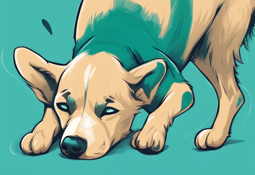 Verspielter Hund auf dem Rücken, der begeistert seinen Bauch kratzt, moderne digitale Malerei in Teal.