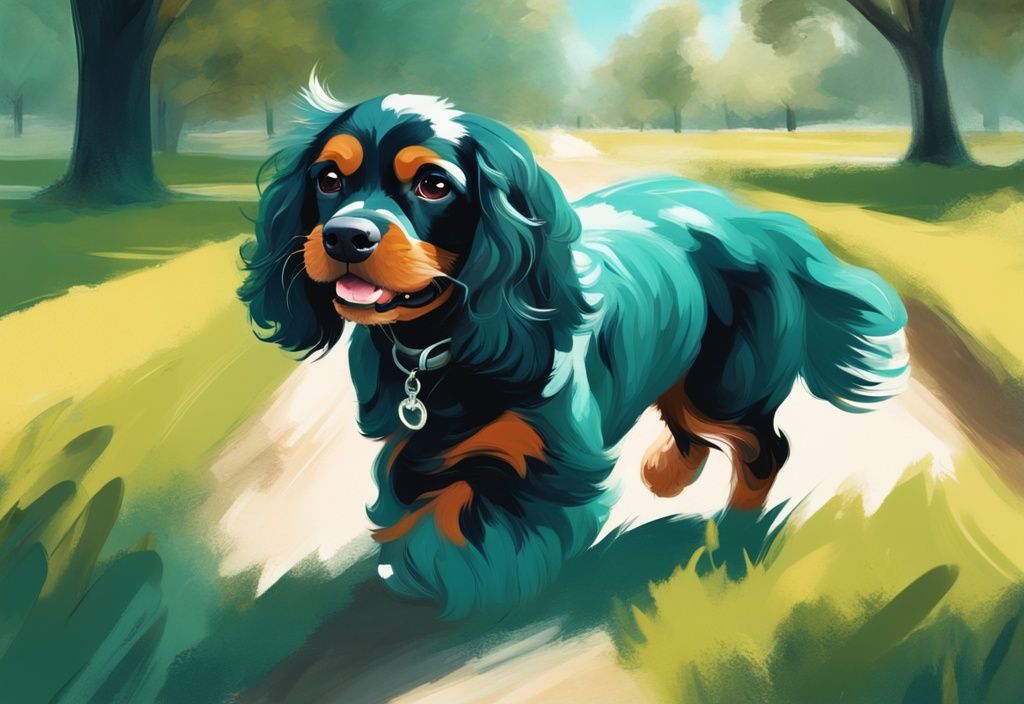 Moderner digitaler Gemäldeillustration mit einem Zwerg-Cocker-Spaniel, der verspielt im Park herumtollt, sein Fell glänzt hell im Sonnenlicht, Hauptfarbthema ist Türkis.