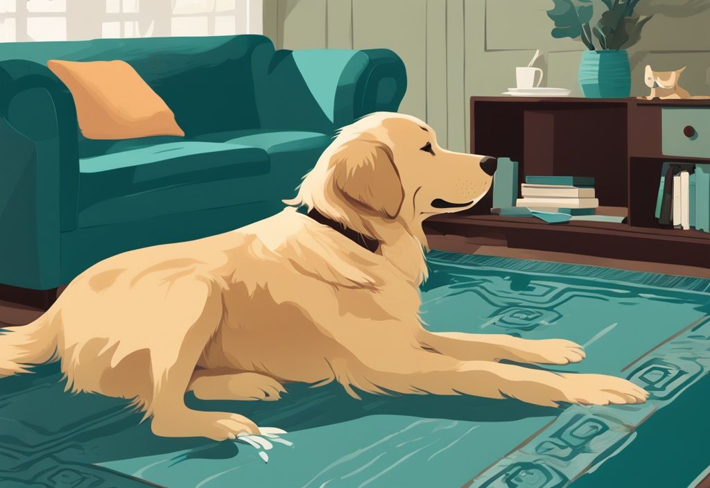 Moderner digitaler Gemälde-Illustration eines Golden Retrievers in einem Wohnzimmer, der auf einem gemütlichen Teppich sitzt und sich besorgt ständig die Pfoten kratzt und leckt. Hund kratzt sich ständig und leckt Pfoten.