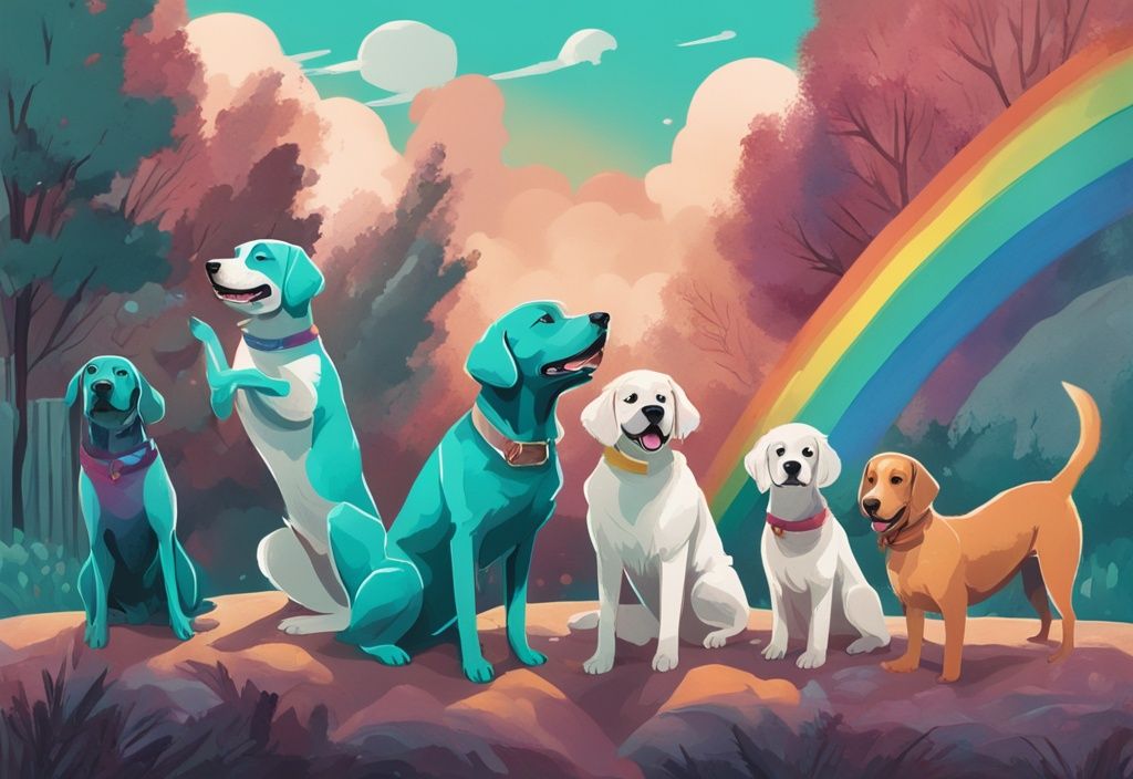 Moderne digitale Malerei mit einer Gruppe von verschiedenen Hunden, die glücklich zusammen spielen, mit subtil eingearbeiteten Regenbögen, gibt es schwule Hunde, Hauptfarbe Teal.