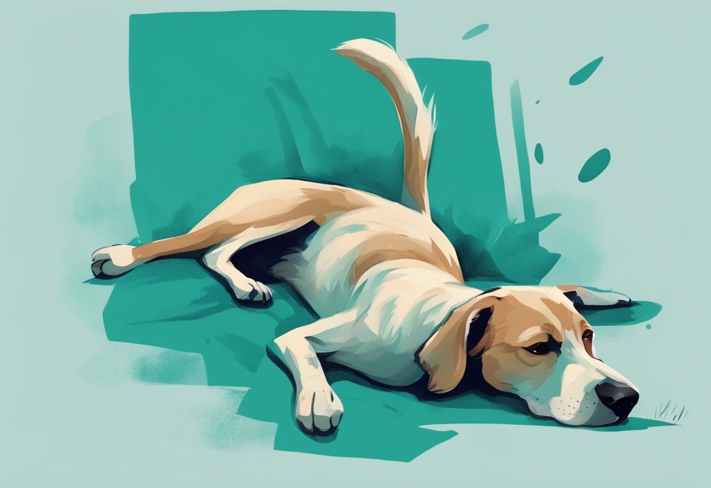 Verspielter Hund auf dem Rücken, der begeistert seinen eigenen Bauch kratzt, moderne digitale Malerei in Teal-Farben.