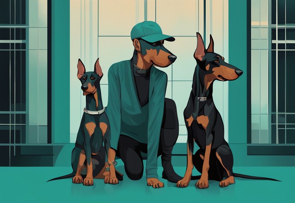 Moderne digitale Malerei Illustration in Türkis, die einen Dobermann in verschiedenen Lebensphasen zeigt: Welpe, junger Erwachsener und älterer Dobermann.