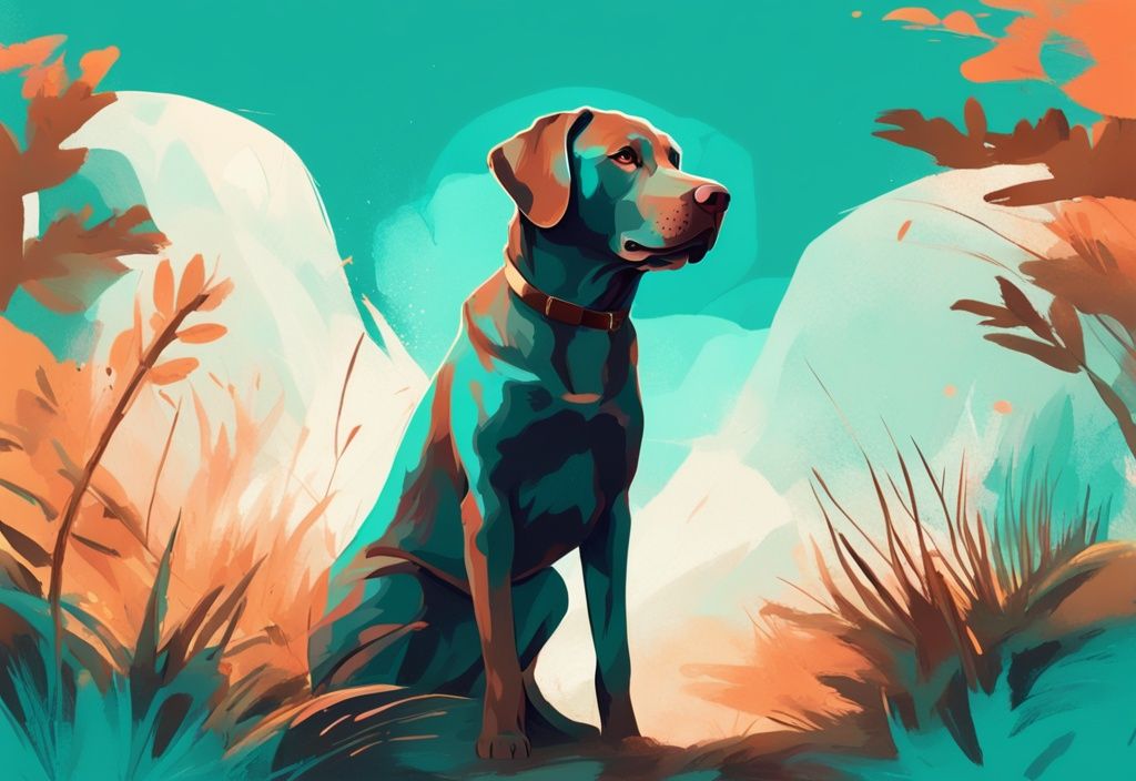 Modernes digitales Gemälde eines freundlichen Labrador Retrievers mit angelegten Ohren und aufmerksamem Blick vor einem lebhaften Naturhintergrund in Teal.