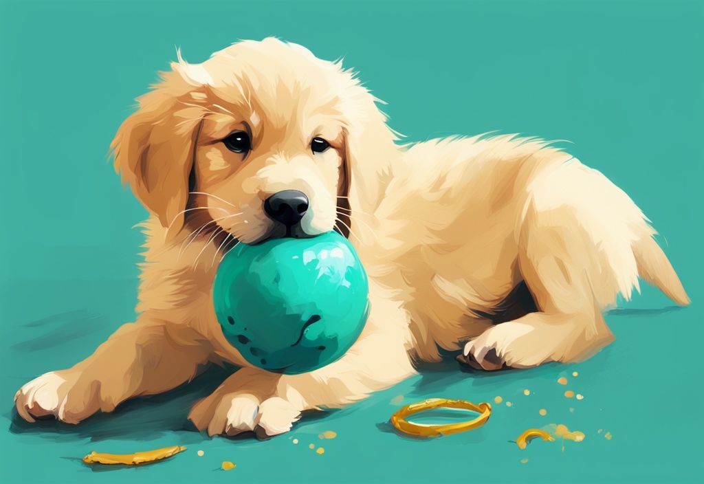 Moderner digitaler Gemäldeillustration mit einem spielenden Golden Retriever Welpen, der an einem Kauspielzeug nagt, während ein paar Milchzähne herumliegen, Hund verliert Zähne.