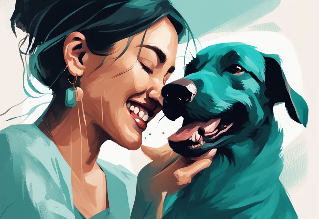 Moderner digitaler Gemäldeillustration mit einem verspielten Hund, der freudig das Gesicht einer lächelnden Person leckt, in einer warmen und liebevollen Atmosphäre, Hauptfarbthema Teal.