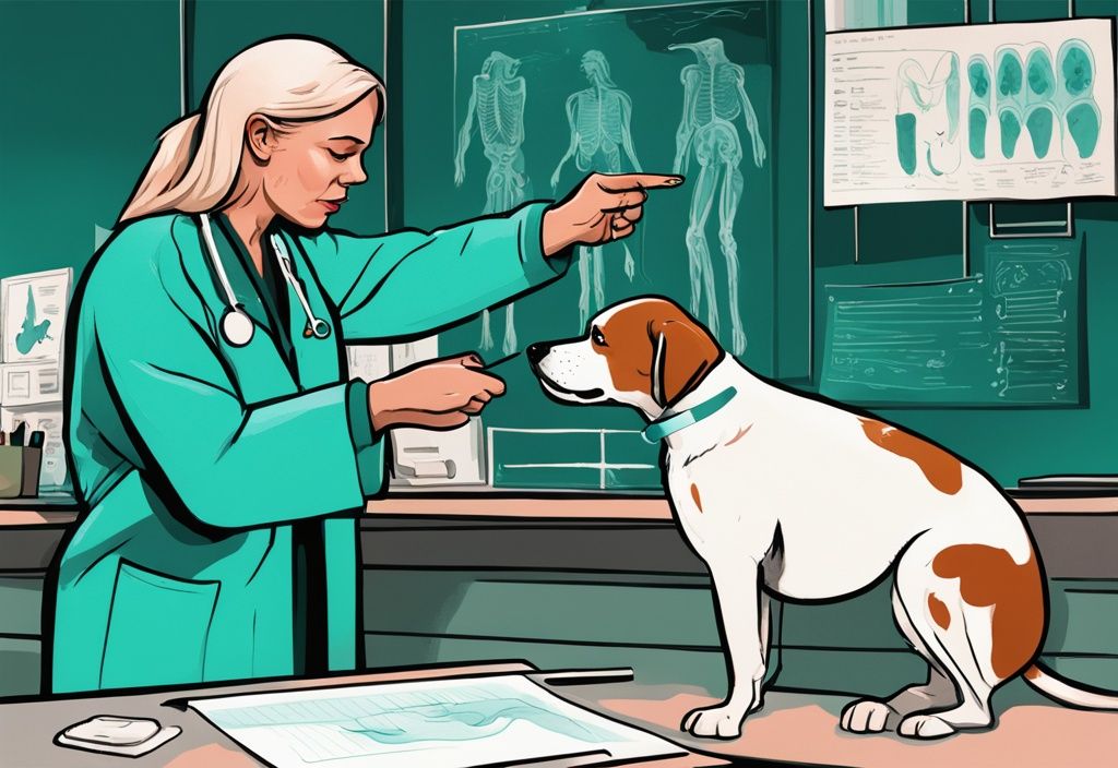 Besorgter Hundebesitzer konsultiert Tierarzt, der auf ein Anatomie-Diagramm des Hundes mit Fokus auf die Blasenregion zeigt, moderne digitale Malerei in Teal-Tönen.