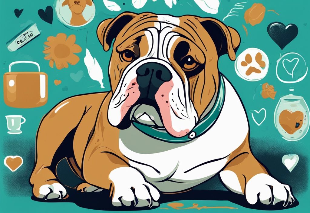 Moderner digitaler Gemäldeillustration eines alternden Old English Bulldogs, der glücklich in der Sonne liegt, umgeben von Symbolen für Langlebigkeit und Gesundheit wie Futterschüssel, Herzsymbol und Tierarztzeichen, Hauptfarbe Teal.