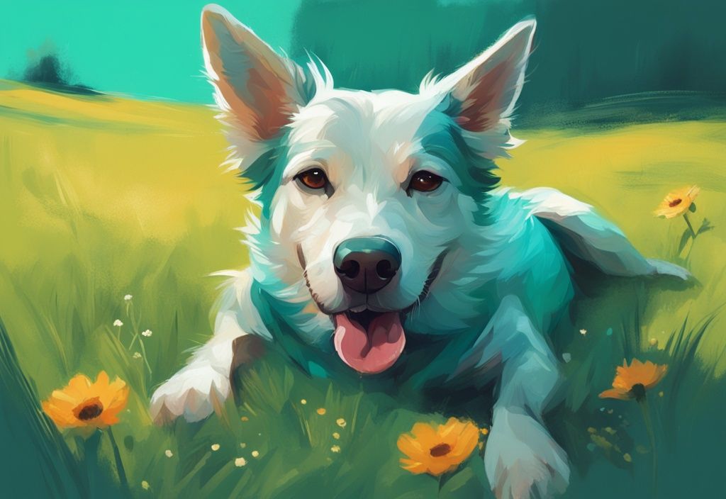 Verspielter Hund kratzt sich am Bauch auf einer sonnigen Wiese, modernes digitales Gemälde in Teal.