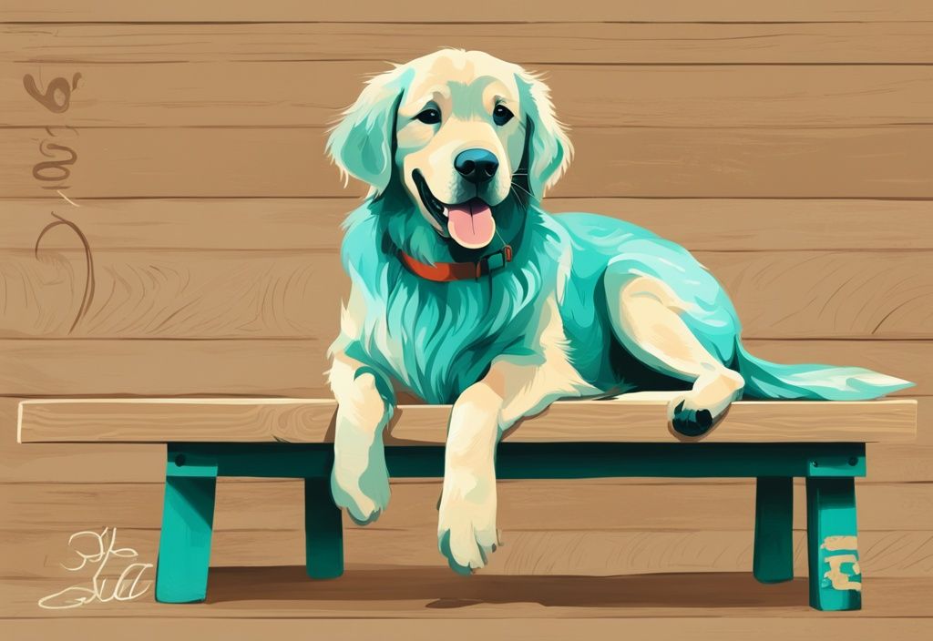 Moderner digitaler Gemäldeillustration mit Hauptfarbthema Türkis, spielender Golden Retriever Welpe sitzt glücklich neben einer Holztafel mit verschiedenen kreativen und beliebten Namen eingraviert.