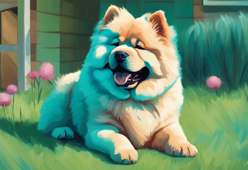 Verspielter Chow-Chow-Hund mit blauer Zunge auf grünem Rasen, moderne digitale Illustration in Türkis.