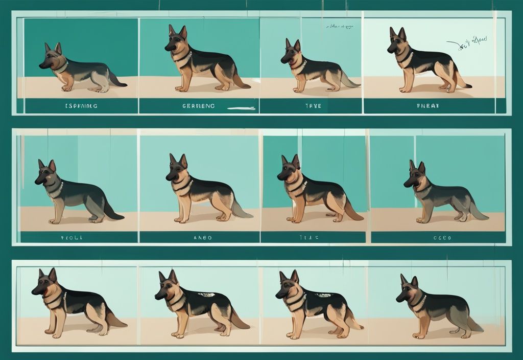 Illustration eines modernen digitalen Gemäldes in Teal, das das Leben eines Deutschen Schäferhundes von einem spielerischen Welpen bis zum Erwachsenen und Alter zeigt, mit Altersmarkierungen; wie alt wird ein Schäferhund.