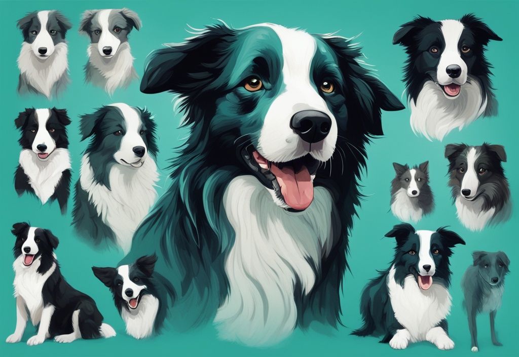 Illustration eines Border Collies in verschiedenen Lebensphasen von Welpe bis Senior, mit modernem digitalen Malstil und Hauptfarbe Türkis.