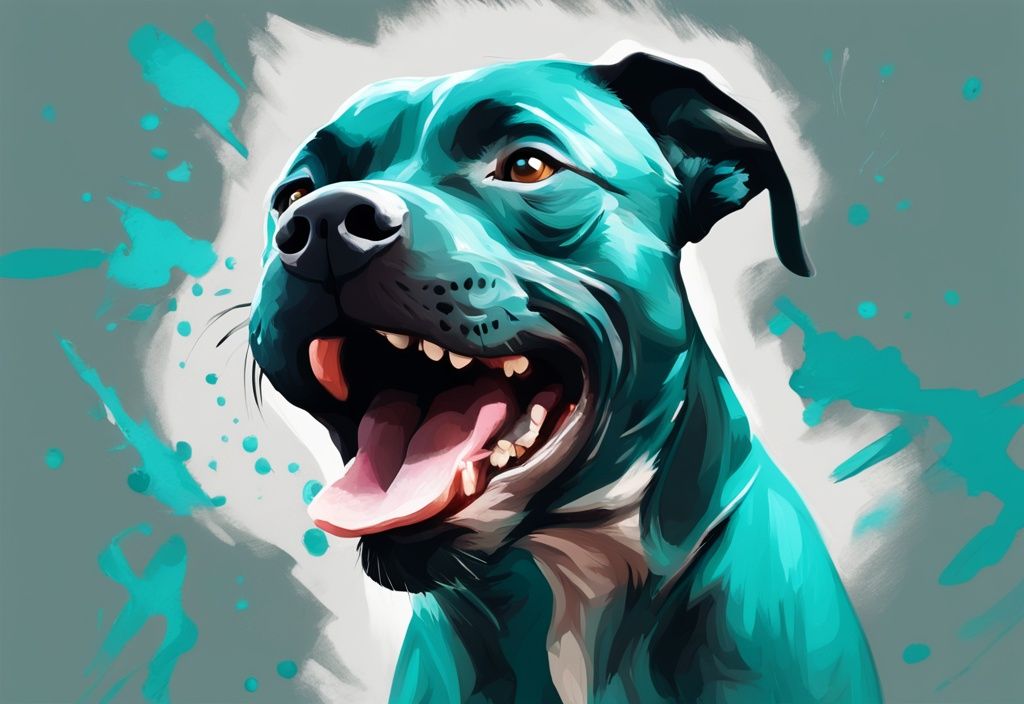 Moderne digitale Malerei eines Staffordshire Bullterriers in verschiedenen Reaktionszuständen, von Gleichgültigkeit bis hoher Alarmbereitschaft, mit dem Hauptfarbthema Teal. Keyword: Staffordshire Bullterrier Reizschwelle.