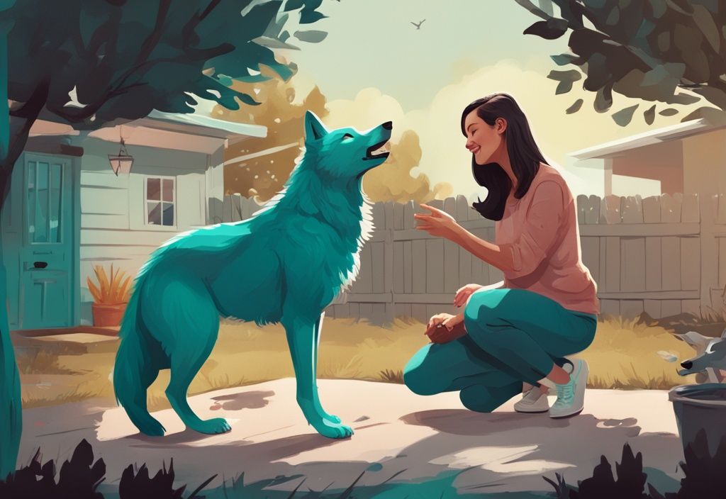 Familie spielt im Garten mit Wolf als Haustier in moderner digitaler Illustration in Teal-Farbtönen.