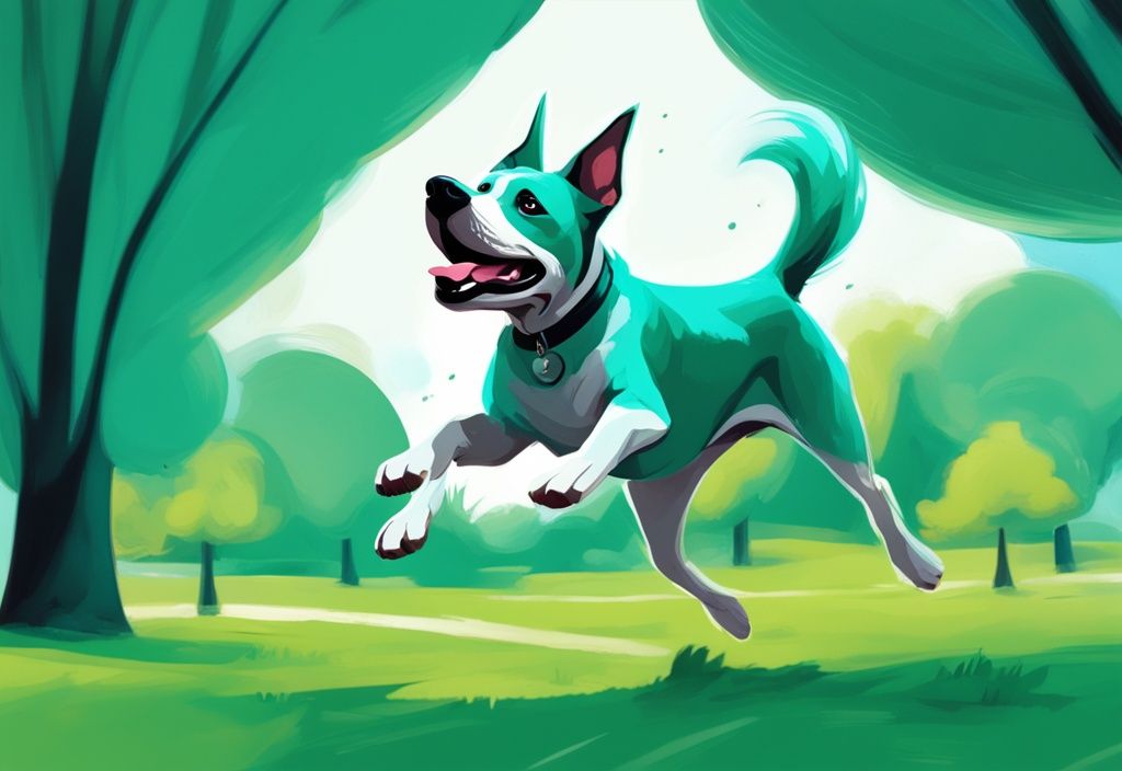 Spielender Hund mit Überbiss jagt einen fliegenden Frisbee im grünen Park, modernes digitales Gemälde in Teal.