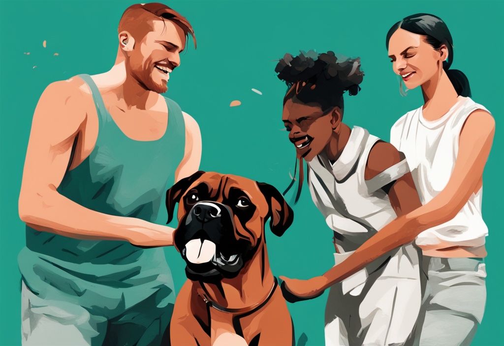 Verspielter Deutscher Boxer Hund interagiert freundlich mit einer Gruppe vielfältiger Menschen, moderne digitale Malerei in Teal-Tönen.