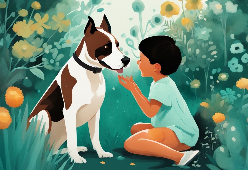 Moderne digitale Malerei mit einem hypoallergenen Allergiker-Hunde, der spielerisch mit einem Kind in einem üppigen, allergenreichen Garten interagiert, Hauptfarbe Teal.