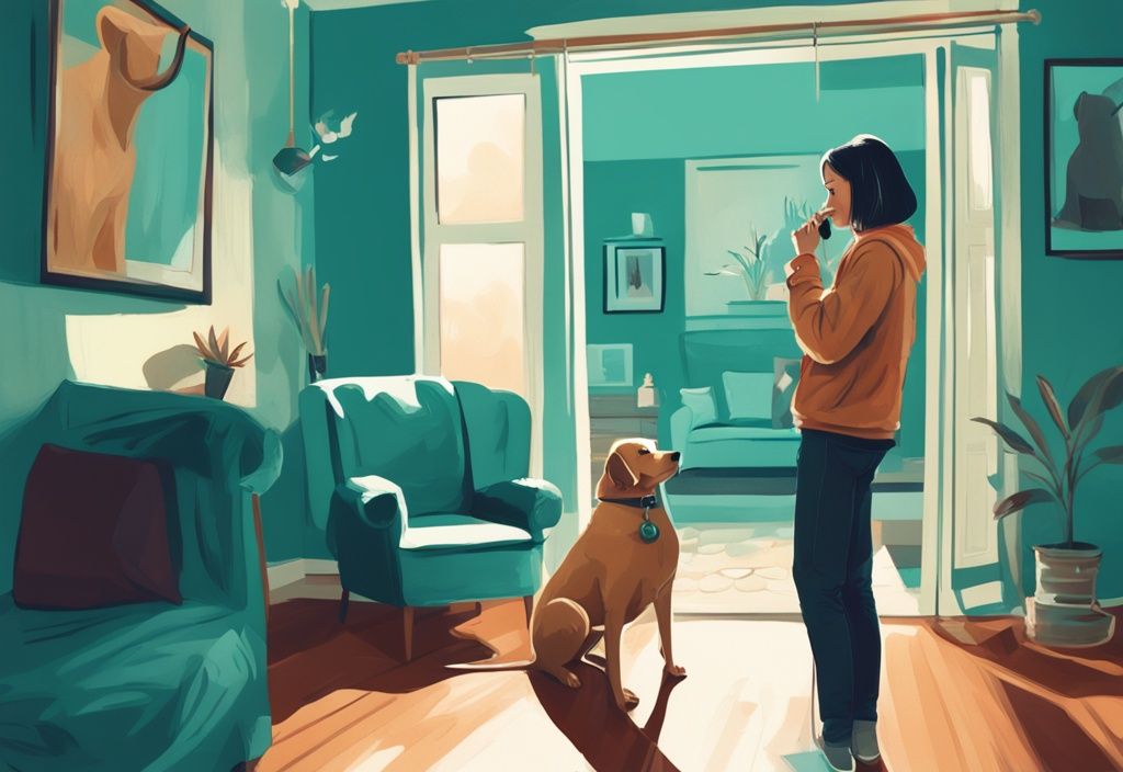 Moderne digitale Illustration in Türkis von einem Hundebesitzer, der in einer häuslichen Umgebung eine Hundepfeife gegen Bellen benutzt, während ein Hund im Hintergrund mitten im Bellen stoppt.