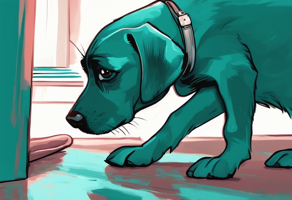 Besorgter Hund, der sich häufig kratzt und seine Pfote leckt, in einer modernen digitalen Illustration mit Hauptfarbthema Teal in Innenraum.