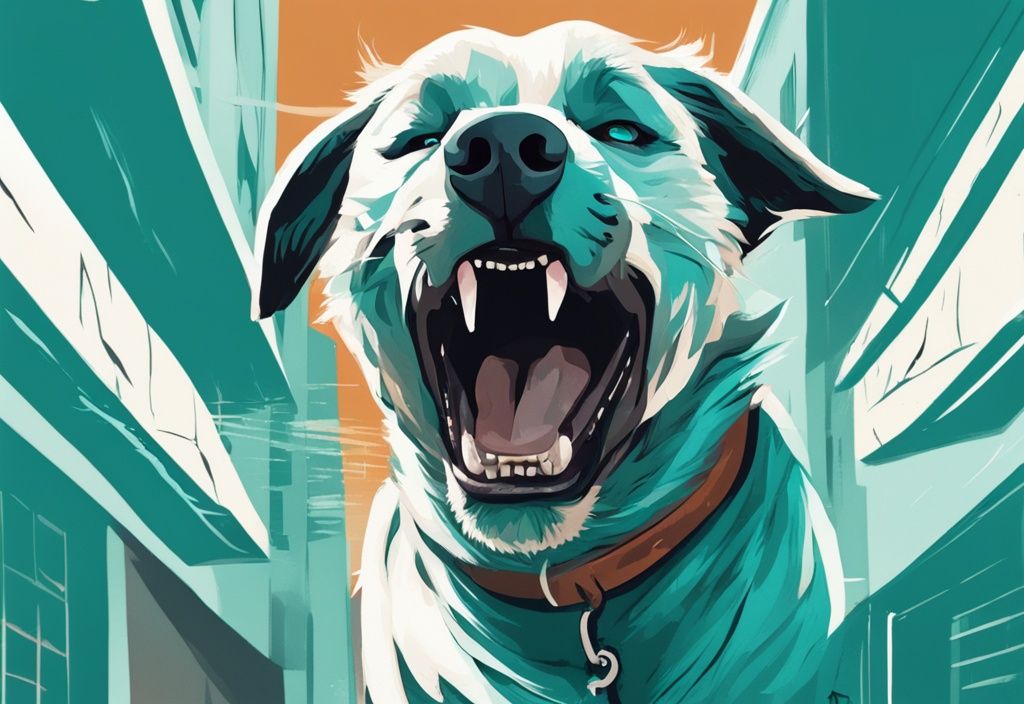 Moderner digitaler Malerei-Illustration: Ein Hund bellt und knurrt laut mit gefletschten Zähnen in einem Wohngebiet, Hauptfarbthema ist Türkis.