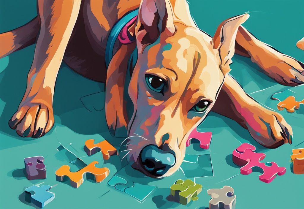 Verspielter Hund löst ein buntes, komplexes Puzzle-Spielzeug, um an das versteckte Leckerli zu kommen - Denkspiele für Hunde