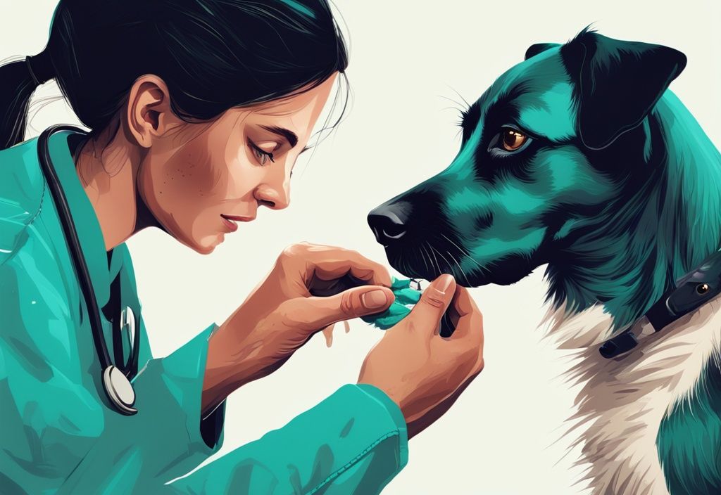 Nahaufnahme eines Tierarztes, der sanft das infizierte Auge eines ruhigen Hundes untersucht, moderne digitale Illustration in Teal-Tönen, gut beleuchtete Klinikumgebung.