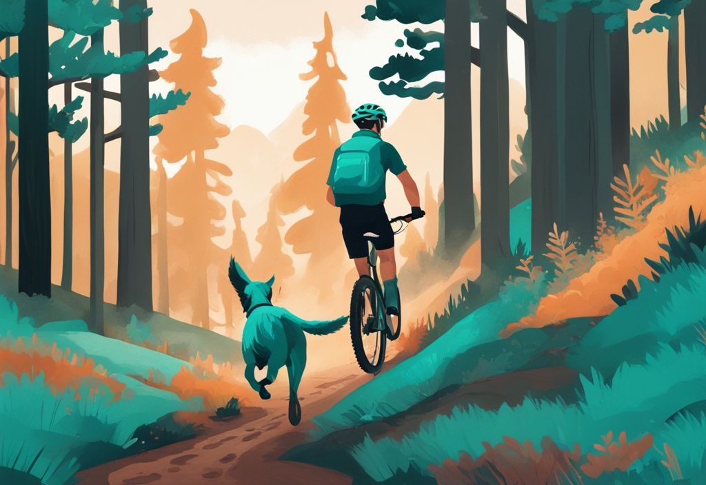 Moderner digitaler Gemälde-Illustration eines Mannes auf einem Mountainbike, der auf einem Waldweg fährt, mit einem spielenden Hund, der neben ihm läuft, Fahrradfahren mit Hund.