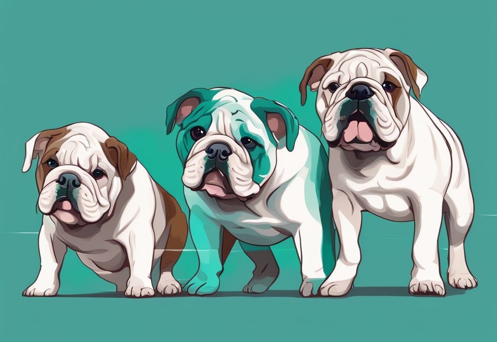 Illustration eines englischen Bulldoggenlebens in einer Zeitleiste, von verspieltem Welpen bis zu ruhigem Senior, in modernen digitalen Teal-Farben.