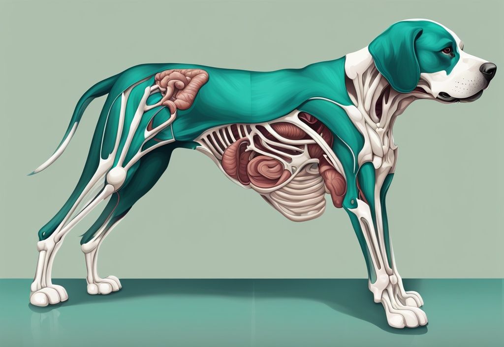 Moderne digitale Illustration der Anatomie des Hundes in Teal, zeigt detaillierten Querschnitt mit inneren Organen, Skelettstruktur und Muskelsystem.