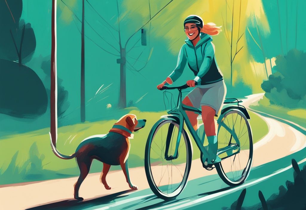 Fröhliche Person auf einem Fahrradweg, die mit ihrem energiegeladenen Hund an der Leine Fahrrad fährt, moderne digitale Malerei in Teal-Farbtönen.