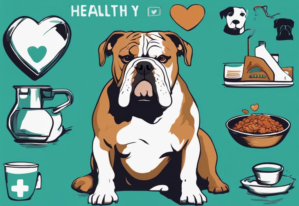 Moderne digitale Illustration eines alternden Old English Bulldogs, der glücklich in der Sonne liegt, umgeben von Symbolen für Langlebigkeit und Gesundheit wie einem gesunden Futternapf, Herzsymbol und einem Tierarztzeichen, Hauptfarbthema: Teal.