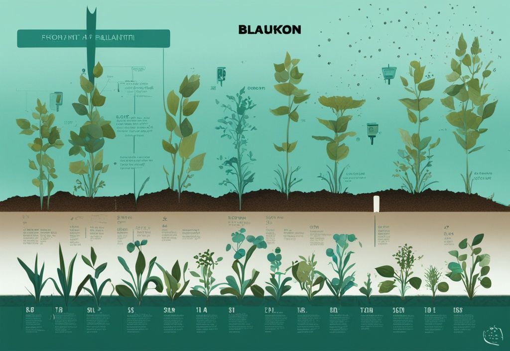 Digitale Illustration einer Zeitleiste, die die Dauer der Bodenbelastung durch Blaukorn-Dünger zeigt, mit Pflanzenabbildungen und Kalenderdaten, Hauptfarbe Teal.