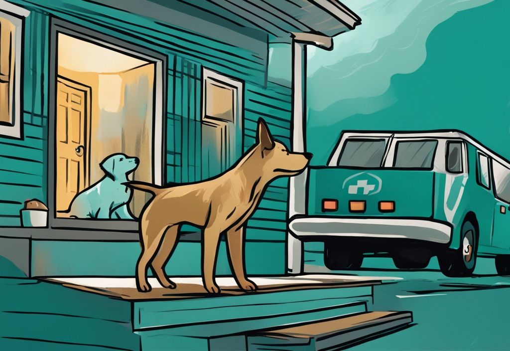 Moderner digitaler Gemälde-Illustration in Teal, ein Hund heult auf einer Veranda, Kopf erhoben zu einem vorbeifahrenden Krankenwagen mit Sirene, warum heulen Hunde bei Sirenen.