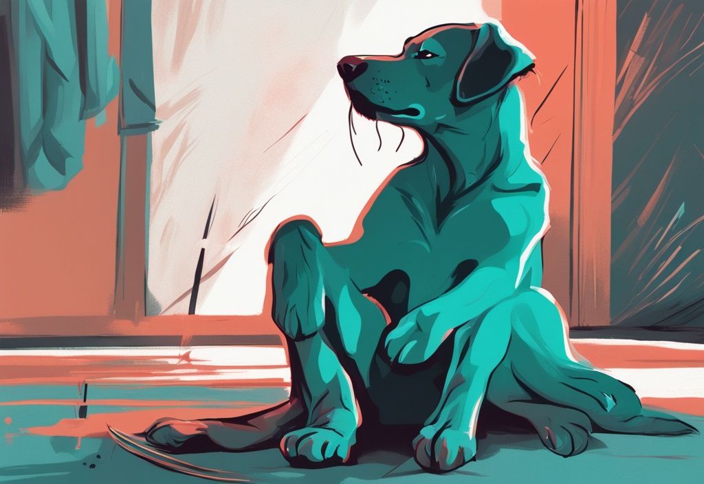 Ein moderner digitaler Gemäldeillustration mit einem Hund kratzt sich ständig in der Hauptfarbe Teal, der Hund sieht besorgt aus und kratzt sich unaufhörlich.