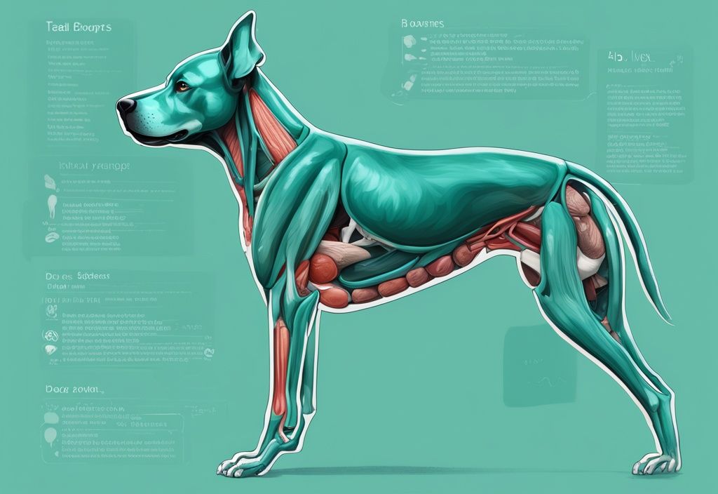 Detaillierte digitale Illustration eines Hundes in Türkis mit beschrifteten Körperteilen, Organen, Knochen und Muskelstrukturen.