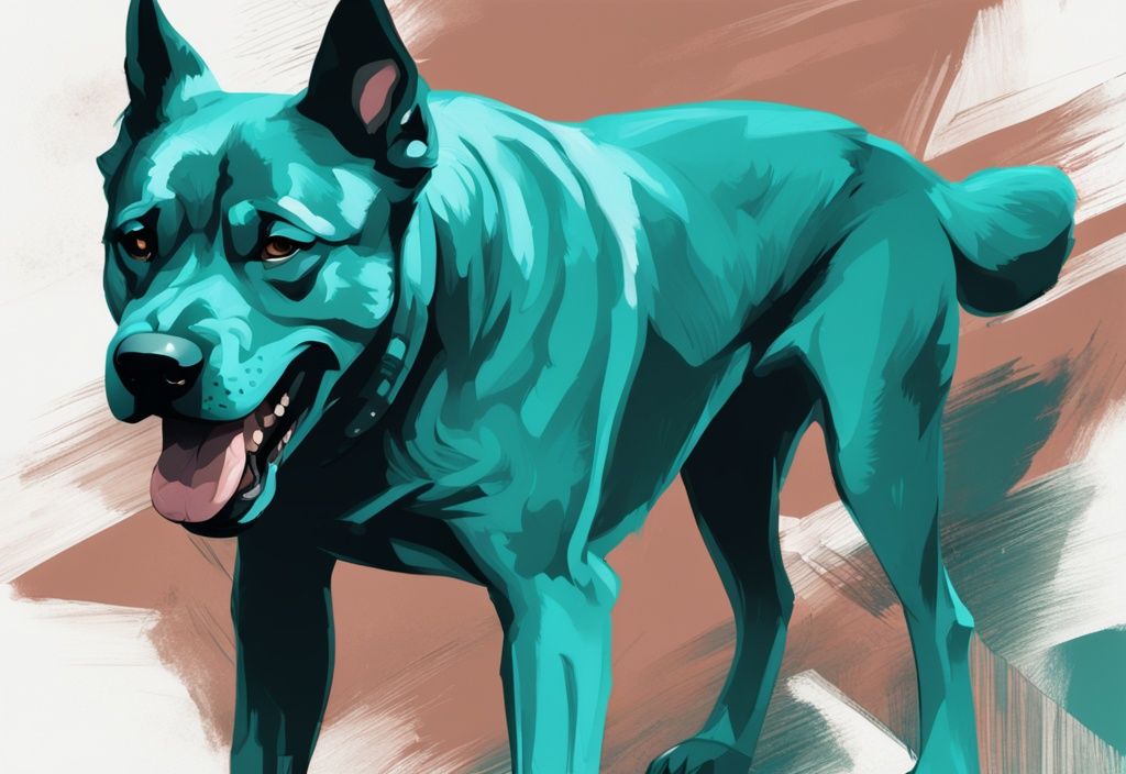 Moderne digitale Malerei eines großen Hundes in Teal-Farben, der mit gefletschten Zähnen und wachsamen Augen einen bedrohlichen Ausdruck zeigt.