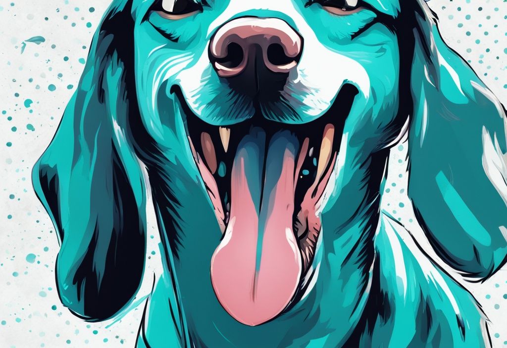 Moderner digitaler Gemäldeillustration eines verspielten Hundes mit blauer Zunge und weit geöffnetem Maul, Hauptfarbthema ist Türkis.