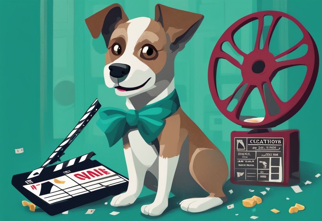 Moderner digitaler Gemäldeillustration mit einem Hund, der stolz mit einer Filmklappe posiert, während Filmrollen, Kinokarten und eine Oscar-Statuette verstreut sind, Hauptfarbthema ist Türkis.