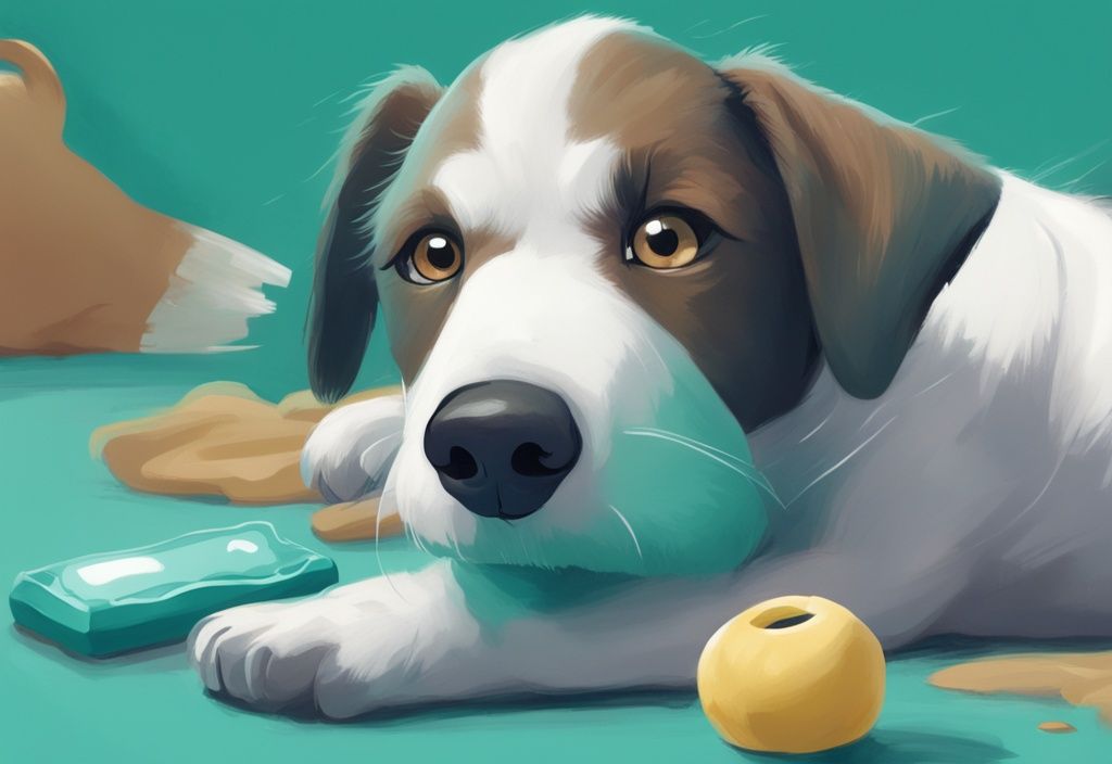 Moderne digitale Illustration eines sympathischen Hundes mit fehlendem Vorderzahn, Milchzahn neben einem Kauspielzeug im Vordergrund, Hauptfarbe Teal