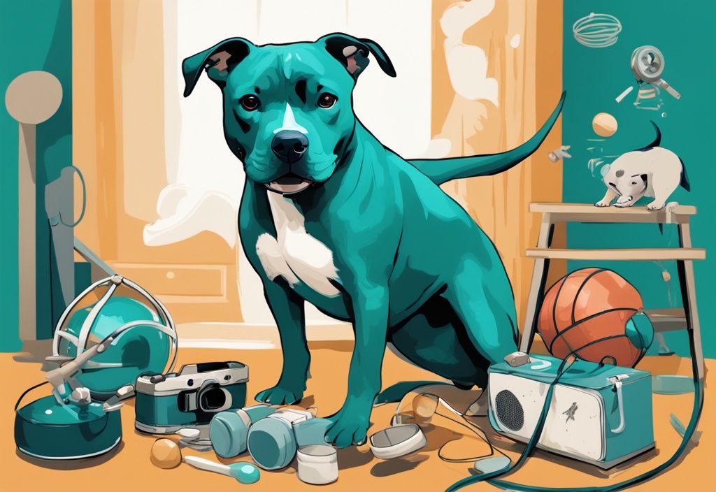 Digitales Gemälde eines Staffordshire Bull Terriers mit Spielzeug und Trainingsgeräten in Teal-Farbtönen, das seine hohe Reizschwelle zeigt