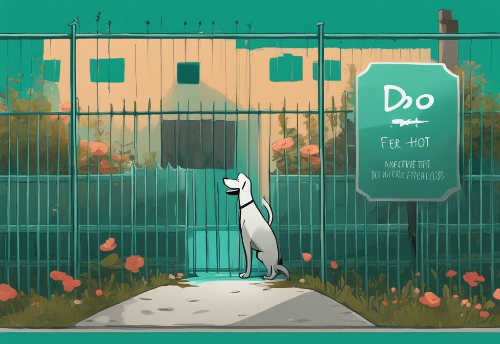 Moderner digitaler Malerei-Illustration mit einem Hund, der hinter einem Zaun einen frisch gedüngten Garten mit einem Schild "48 Stunden nicht betreten" beobachtet – Rasendünger Hund wie lange nicht betreten.