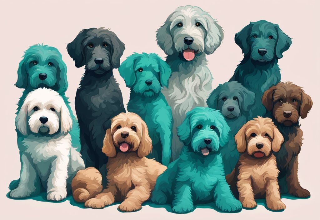 Moderne digitale Illustration eines Labradoodle-Welpen inmitten verschiedener kleiner Hunderassen, Hauptfarbthema ist Türkis.