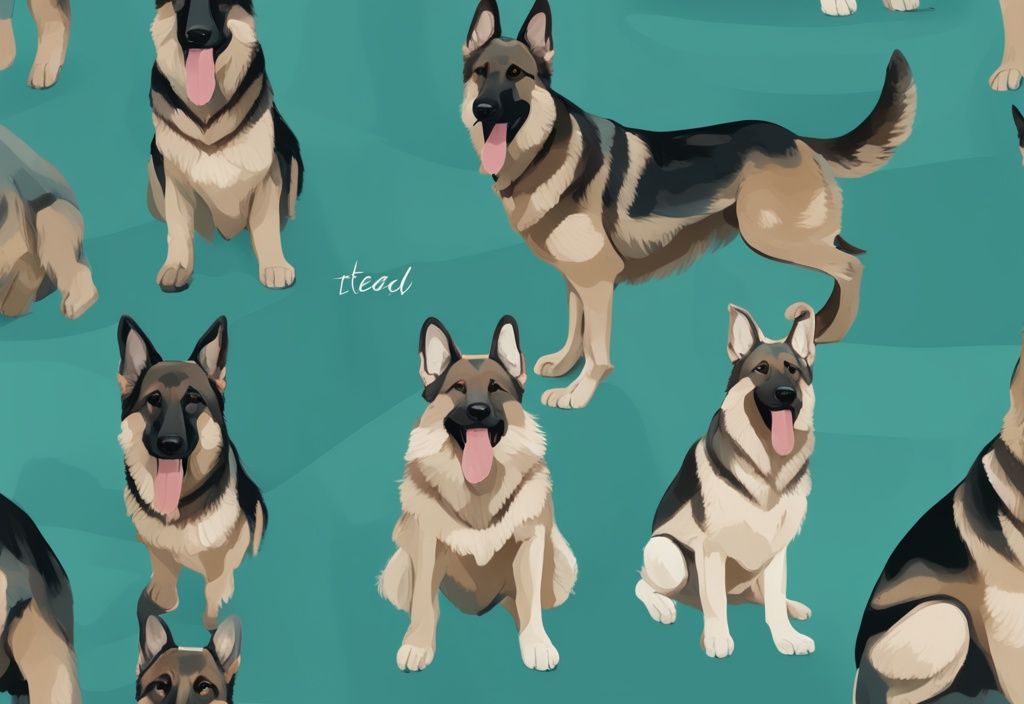 Deutscher Schäferhund Lebenszyklus Illustration - Welpe, Erwachsener, Senior in modernen digitalen Gemälde, Hauptfarbe Teal