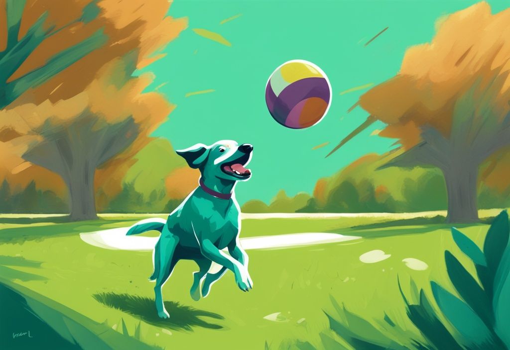 Verspielter Hund mit Überbiss jagt fliegende Frisbee im grünen Park, digitales Gemälde in Teal.