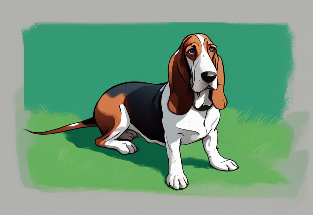 Moderner digitaler Gemälde-Illustration eines freundlichen Basset Hounds auf grünem Rasen mit langen Ohren, traurigen Augen und kurzen Beinen, Basset Hound Charakter.