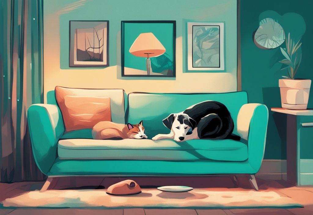 Moderne digitale Illustration eines Hundes und einer Katze in Teal-Tönen auf einer gemütlichen Couch, die spielerisch interagieren.