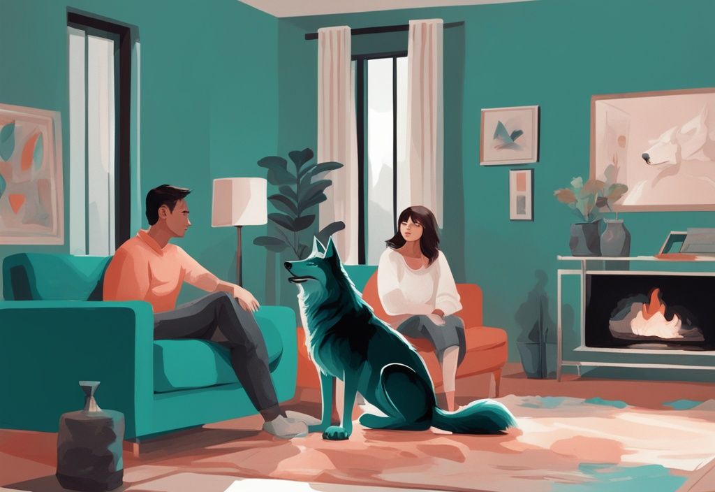 Moderner digitaler Gemäldeillustration eines gepflegten Wolfs, der ruhig in einem modernen Wohnzimmer mit einer Familie sitzt; Hauptfarbthema ist Türkis, Atmosphäre von Häuslichkeit und Kameradschaft.