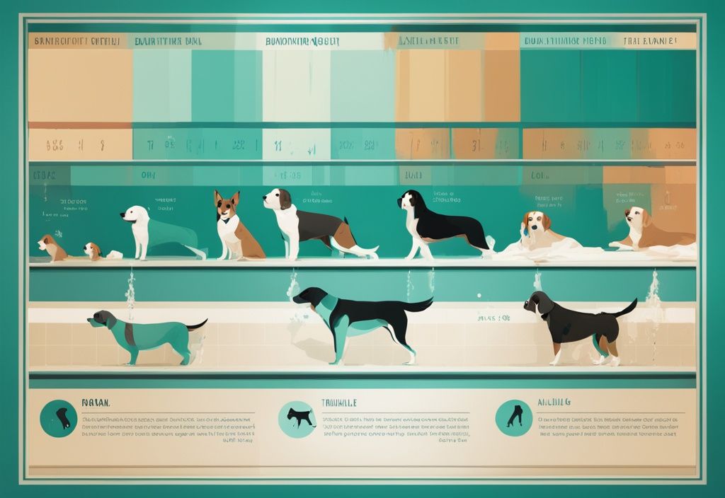 Moderne digitale Illustration eines Zeitstrahls mit verschiedenen Hunderassen und empfohlener Häufigkeit des Badens, Hauptfarbe Teal, wie oft Hund waschen.